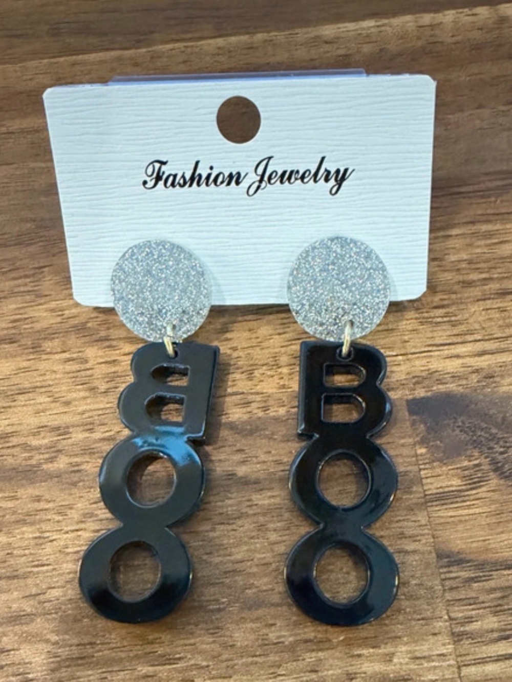 Fashion Jewelry Black 'BOO' Dangle Earrings with Silver Glitter Discs